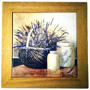 Arnie R. Fisk Basket Of Lavender Hanging Tile/Trivet Framed Light Wood 8" Square
